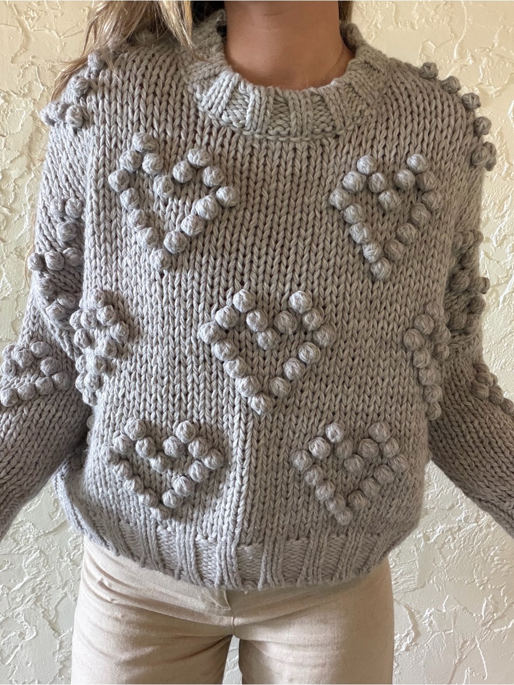 Elan Chunky Bobble Heart Sweater in Light Gray